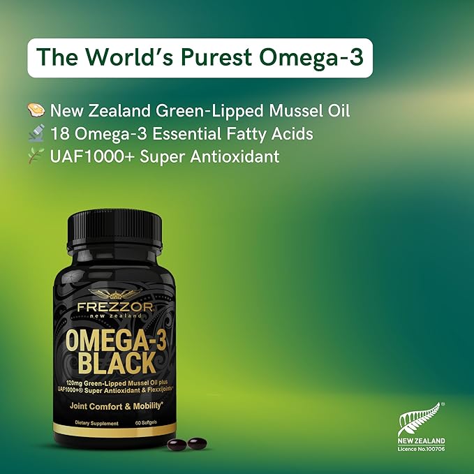 FREZZOR Omega 3 Black for Joint Care & Comfort - New Zealand Green Lipped Mussel Oil Capsules; 53x Higher Potency with UAF1000+ Super Antioxidant, No Fishy Aftertaste, 60 Count (Pack of 2)