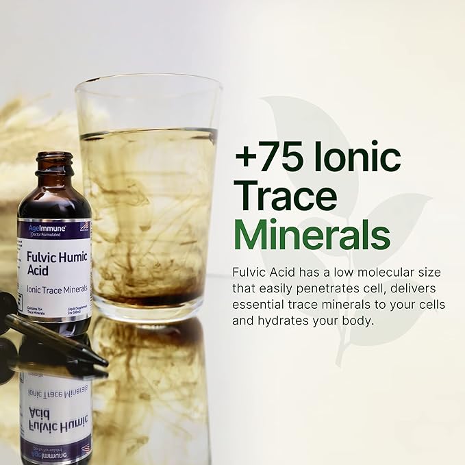 Fulvic Humic Acid Ionic Trace Minerals with Electrolytes Liquid Supplement. Plant Derived Mineral Drops, 75+ Trace Minerals for Energy Boost and Hydration. Up to 8 Months Supply. 2oz.