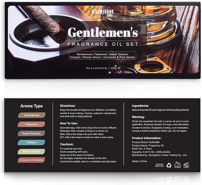 Essential Oils Set, Men Scents Fragrance Oil Essential Oils for Diffuser - Sandalwood, Teakwood, Sweet Tobacco, Cinnamon & Pine Needle, Woody Vetiver, Cologne Aromatherapy Oils for Men, 6x10ml