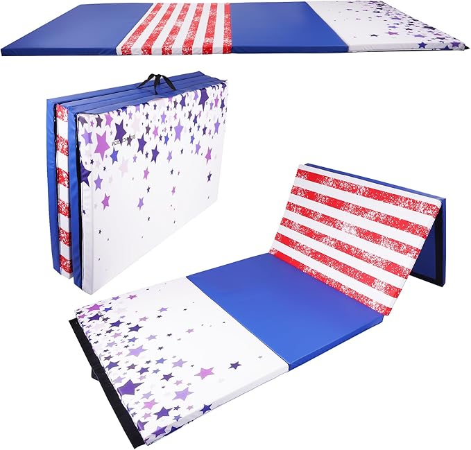 Folding Exercise Gymnastics Mat 4'x8'x2" Gym Workout Mat with Carrying Handles High-Density Anti-Tear Portable Fitness Aerobics Mats for Home Gym Yoga Pilates Tumbling MMA Core Training, Multiple Colors