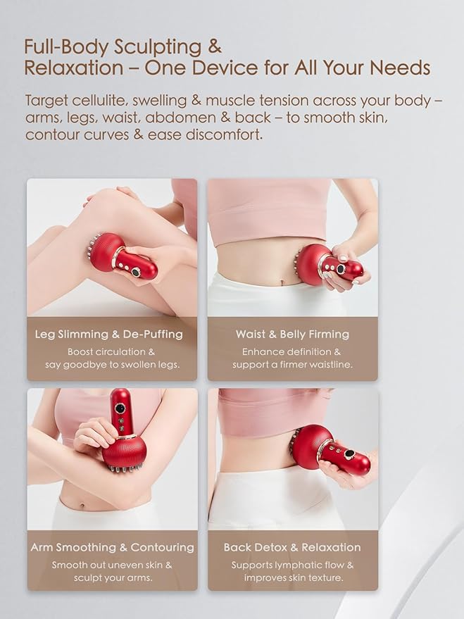 Lymphatic Drainage Massager & Anti Cellulite Massage Tool, Reduce Stretch Marks & Cellulite, for Legs, Arms & Belly, Body Sculpting Machine with Microcurrent, Light, Heat & Vibration (Red)