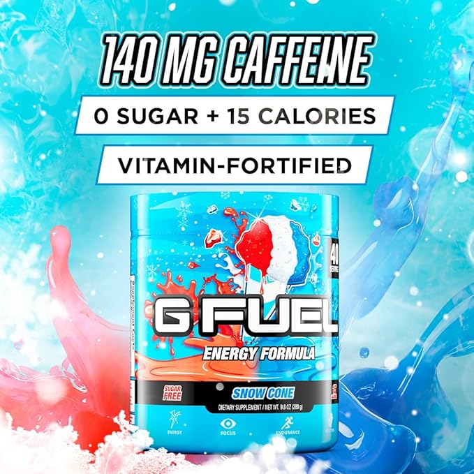G Fuel Snow Cone Energy Drink Powder, Pre Workout Caffeine Mix for Gaming, Sugar Free Focus Amino, Vitamin + Antioxidants, 9.9oz (Snow Cone, 40 Servings)