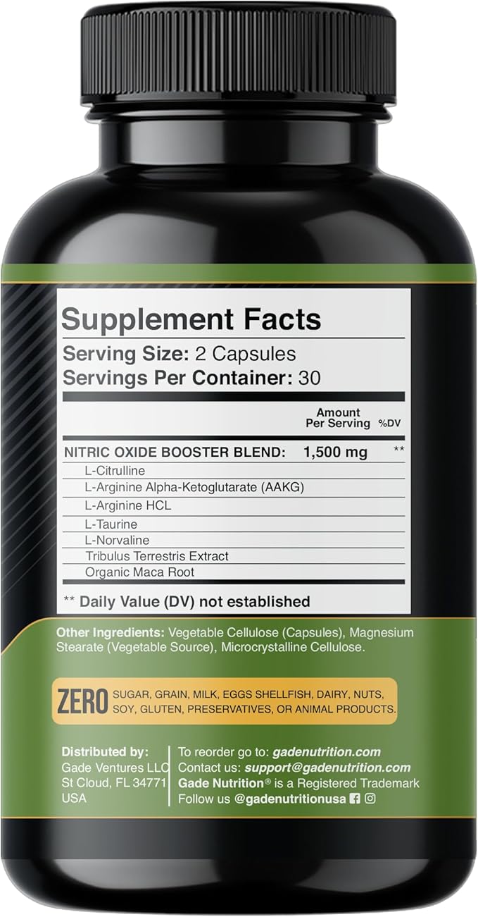 Gade Nutrition Nitric Oxide Supplement - L Arginine Capsules – Helps to Improve Energy, Endurance & Performance - Pre Workout - Muscle Builder - with All Essential Amino Acid and Maca Root
