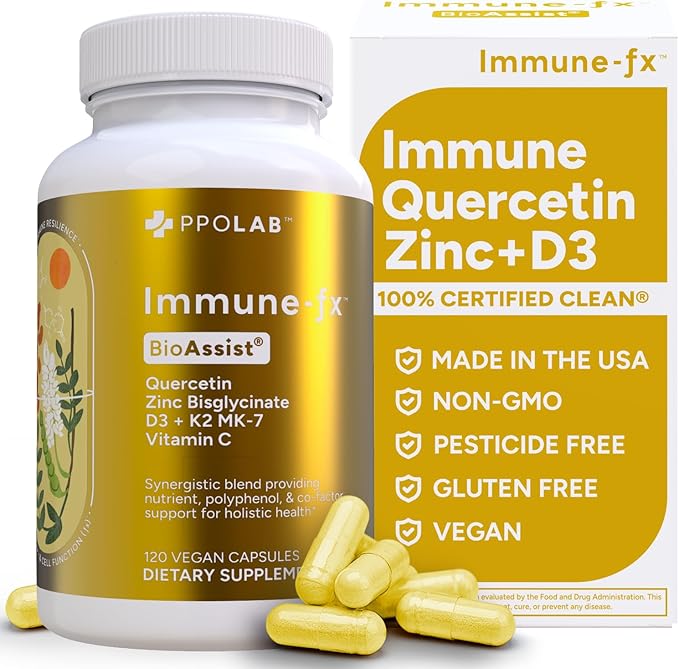 Immune-fx™ Advanced Daily Chelated Zinc Ionophore Immune Support Supplement with Quercetin 500mg Bioflavonoid, Antioxidant Vitamin C, D3, K2, DNA Heart Lung Aid, Clean Certified® 120 Vegan Capsules