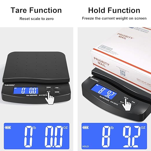 THINKSCALE 88lb Shipping Scale, 0.1oz Precision, Digital Postal Scale with Large LCD, Hold/Tare/Piece Counting, 5 Units, Dual Power (Battery/AC), Black