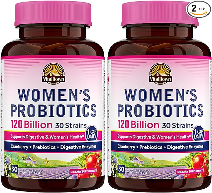 Vitalitown Women's Probiotics 120 Billion CFUs 1 Daily, 30 Strains, with Prebiotics & Digestive Enzymes & Cranberry, Gut & Vaginal Health, Vegan 60 Delayed Release Caps