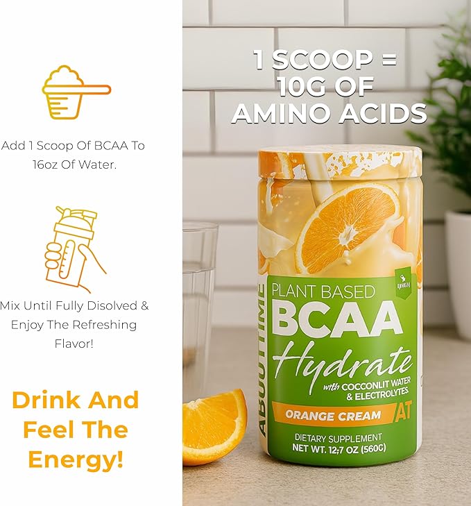 About Time BCAA Hydration Powder Orange Cream, with L-Glutamine & Electrolytes, Non-GMO, Gluten Free, Monk Fruit, Coconut Water, 20 Servings