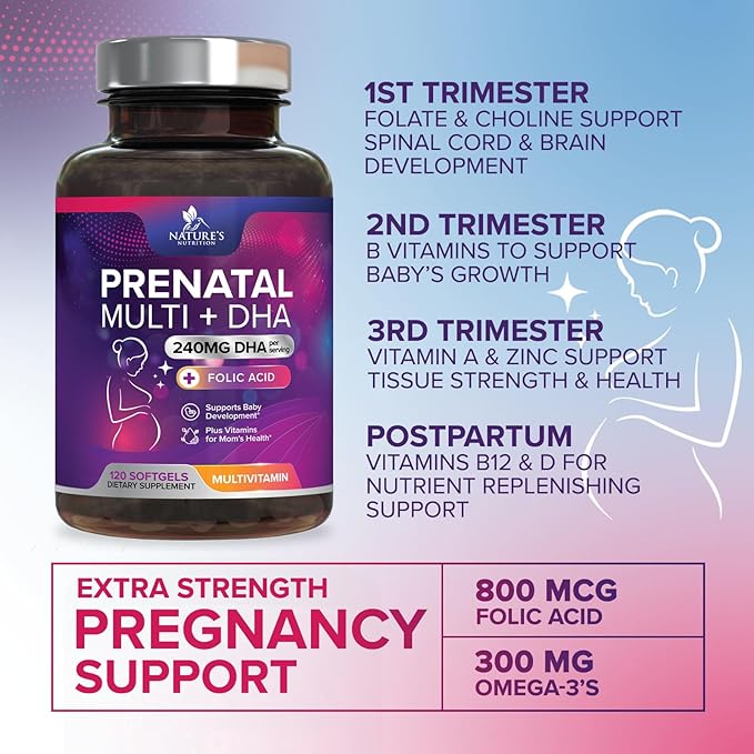 Prenatal Vitamins with Folic Acid & DHA, Fetal Brain Development Support with Folate & Omega 3's, Prenatal Multivitamin for Women, Vitamin A, C, D, B6, B12 & Iron, Pregnancy Supplement - 120 Softgels