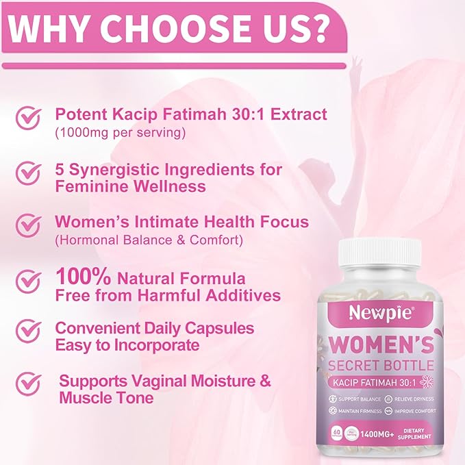 Vaginal Moisturizer Capsules Kacip Fatimah 1000mg, Manjakni 200mg & Slippery Elm Synergize to Moisturize, Tighten, Ease Vaginal Dryness, Maintain Elasticity & pH Balance. Vegan, 60 Capsules (1)