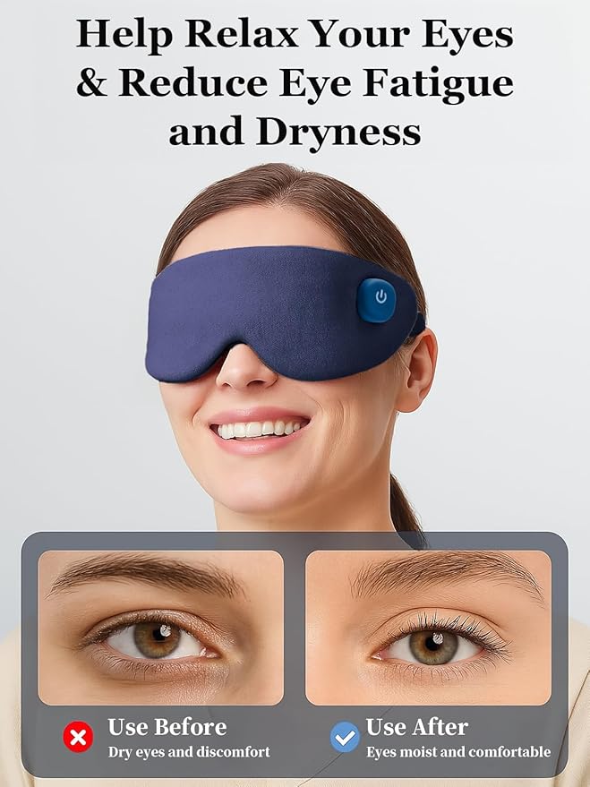 Cordless Heated Eye Mask, Warm Eye Compress for Dry Eyes, Blocking Light Sleeping Mask for Women Men, Washable Eye Heating Pad for Travel, Dry Eyes, Blepharitis, Sinus Migraine (Blue)