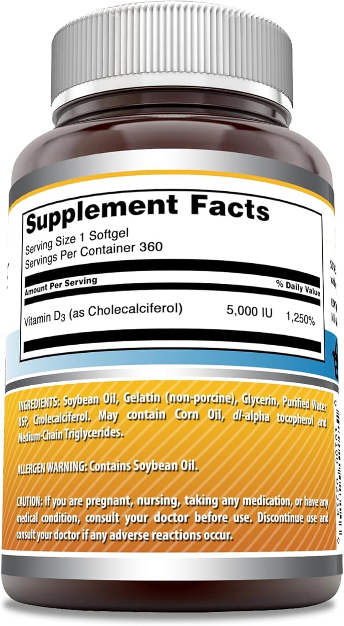 Amazing Formulas Vitamin D3 (Cholecalciferol) Supplement | 5000 IU per Serving | 360 Softgels | Non-GMO | Gluten-Free | Made in USA