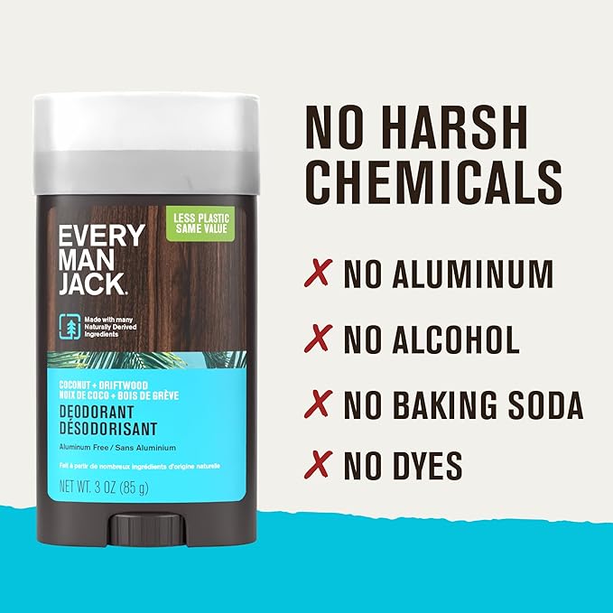 Every Man Jack Coconut Driftwood Men’s Deodorant - Stay Fresh with Aluminum Free Deodorant For all Skin Types - Odor Crushing, Long Lasting, with Naturally Derived Ingredients - 3oz (2 Pack)