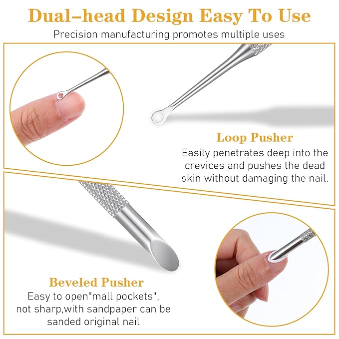 Cuticle Remover Tool Cuticle Pusher, Dual Ended Stainless Steel Cutin Dead Skin Polishing Peeler, Toenail Care for Manicure Pedicure Nail Art(2 Cuticles Pusher+2 Sandpaper Sheets)