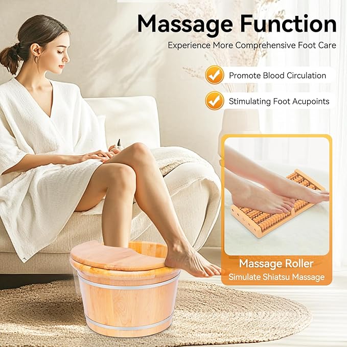 9.84in Tall Wood Foot Soaking Tub with Lid and Massage Roller, Pedicure Bowl for Feet, Portable Traditional Wood Foot Bath Basin for Massage Relaxing, Fatigue Relief
