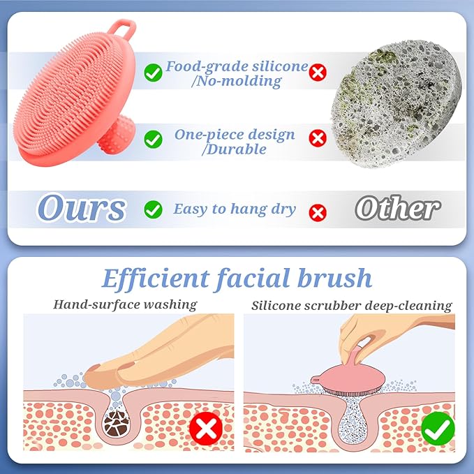 Silicone Back/Body/Face Scrubber & Soft Bath Glove Set 4PCS, Gentle Exfoliating Back & Body Scrubber with Dual-Side Brush Head, Hand-fit Bath Glove & Face Scrubber for Deep Cleaning(Pink-4PC)