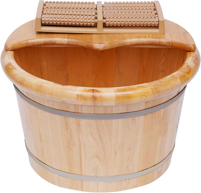 Wooden Foot Bath Bucket Foot Soaking Bath Basin with Lid Wood Footbath Barrel with Massage Roller Pedicure Barrel for Spa, Massage, Sauna 12.2 * 9.84in (Log Color)