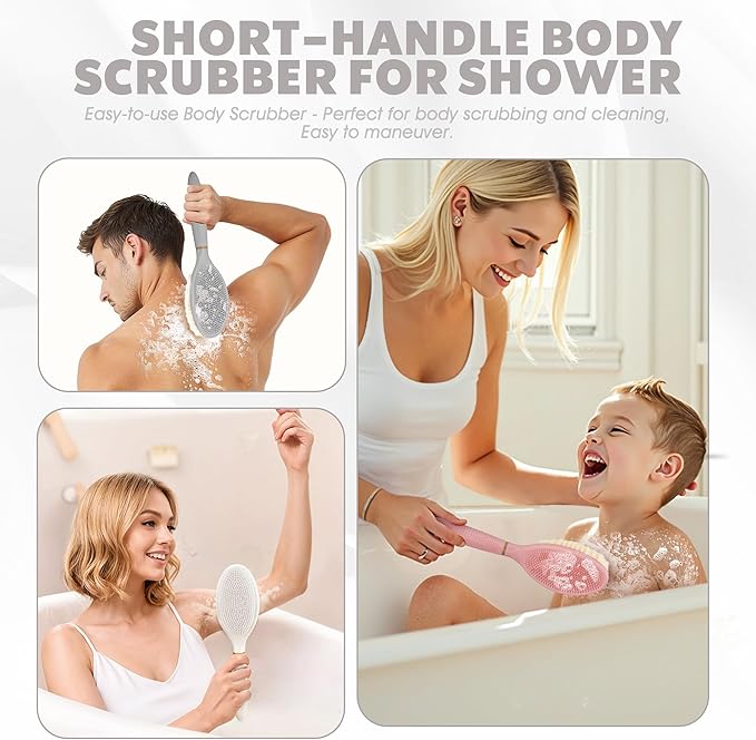 New Body Scrubber for Wet or Dry Brushing, Anti-Slip Corn-Handle Shower Brush with Large Dual-Side Head & Soft Bristles, Easy-to-use Bath Brushes for Lathering Cleansing(Gray-S)