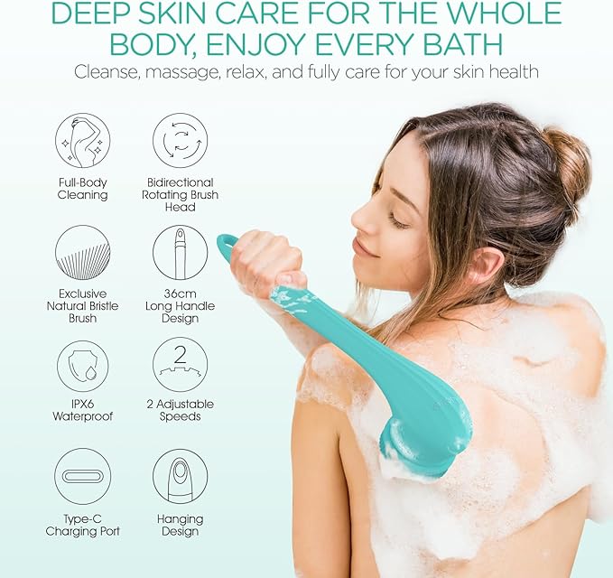 VOYOR Electric Body Brush Back Scrubber Silicone Body Scrubber Two-Way Rotating Brush Head for Deep Cleaning, Exfoliation, 4 Attachments Long Handle IPX6 Rechargeable Shower Brush BC300 (Blue)