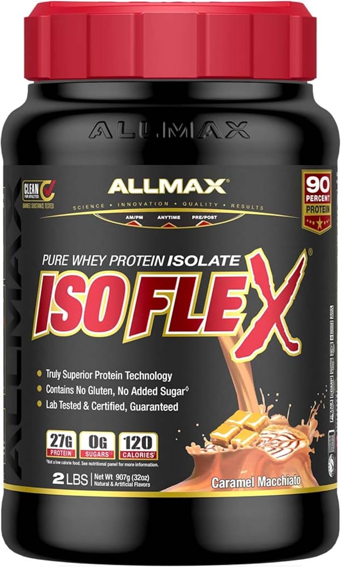 ALLMAX Nutrition ISOFLEX Whey Protein Isolate, Caramel Macchiato - 2 lb - 27 Grams of Protein Per Scoop - Zero Fat & Sugar - 99% Lactose Free - Gluten Free & Soy Free - Approximate 30 Servings