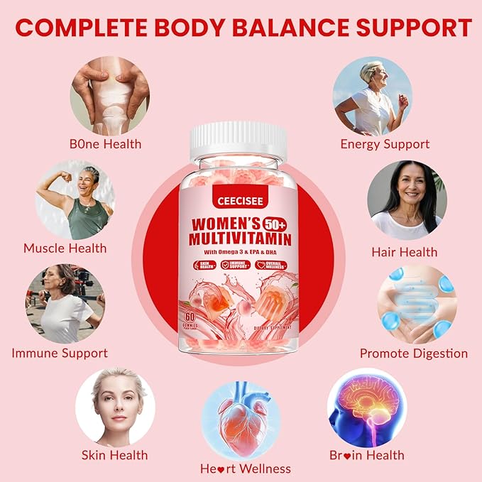 Vitamin Gummies for 50+ Women: Organic Vegan Multivitamin with Iron Omega3 B12 D3 Biotin Zinc Ashwagandha for Hair Skin Health Energy Immune Support - Sugar Free Chewable Supplement(120Count)