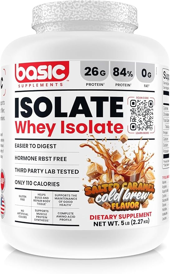 Basic Whey Protein Isolate, 26g Protein, 0g Fat, Gluten-Free, RBST-Free, Rapid Absorption, 110 Calories (5 Pound, Salted Caramel Cold Brew)