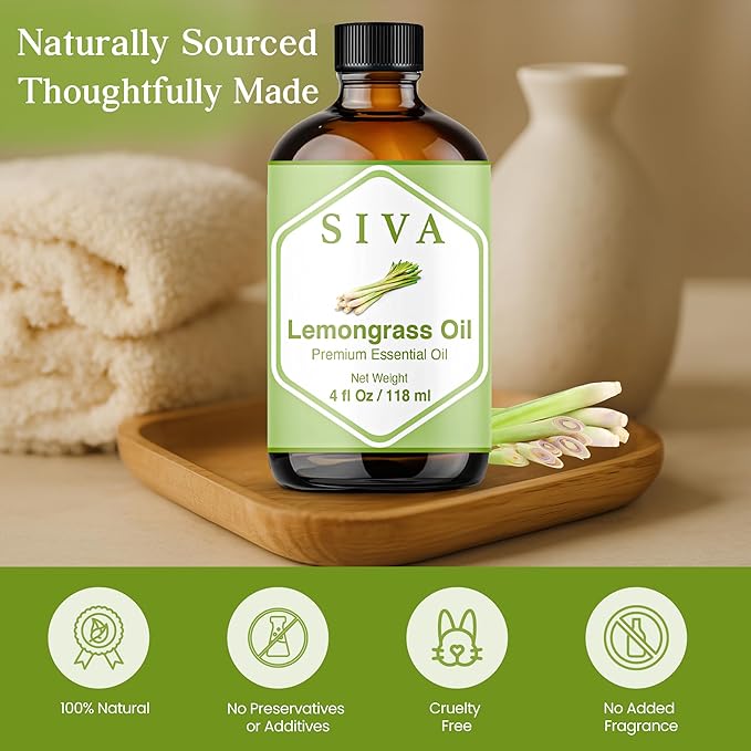 SIVA Lemongrass Essential Oil - 4 Fl Oz – Natural Lemongrass Oil - for Diffuser, Face, Skin Care, Aromatherapy, Hair Care, Scalp and Body Massage - with Dropper