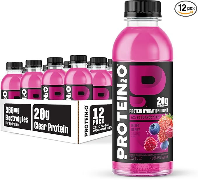 Protein2o Hydration Drink - 2-in-1 Liquid Clear Whey Protein Isolate and Electrolyte Drink - 20g Protein, Vitamins B5, B6 - Post-Workout Recovery - 16.9 Fl Oz - 12 Count Mixed Berry
