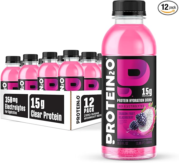 Protein2o Hydration Drink - 2-in-1 Liquid Clear Whey Protein Isolate and Electrolyte Drink - 15g Protein, Vitamins B5, B6 - Post-Workout Recovery - 16.9 Fl Oz - 12 Count Dragon fruit Blackberry