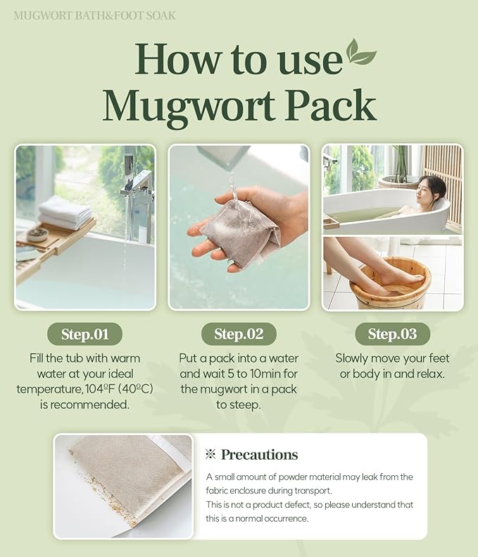 Monage Korean Organic Mugwort Bath and Foot Soak (10 Pack) Natural Home Spa Therapy with Traditional Korean Healing Properties and Relaxation Benefits, Skin Soothing, Muscle Relief, Korean Skin Care