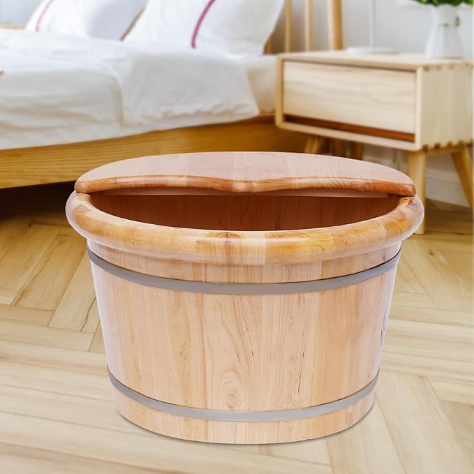 Eapmic Wooden Foot Bath Bucket with Massage Rollers and Lid, Feet Massage Barrel, Solid Wood Round Foot Soak Tub, Home Sauna Feet Basin, Pedicure Barrel for Spa, Massage, Sauna (E)