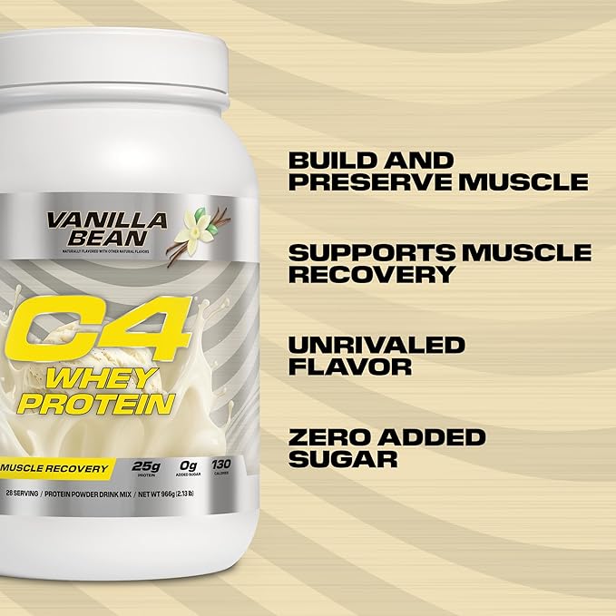 Cellucor C4 Whey Protein Powder, Vanilla Bean - 25g Protein, 0g Added Sugar, 130 Calories Per Serving, Supports Muscle Recovery, 28 Servings, Premium Whey for Post-Workout