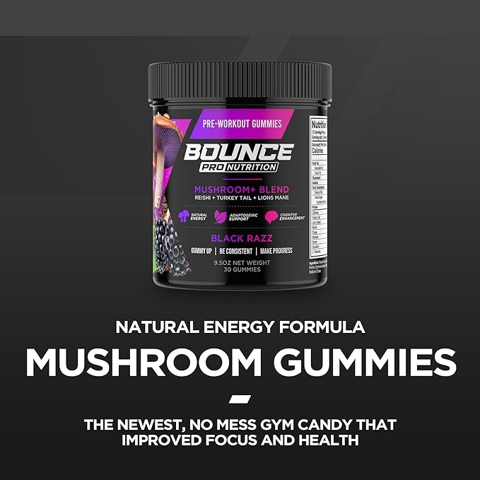 Bounce Pro Pre-Workout Gummies – Natural Focus Blend, Energy Gummies for Men & Women, Functional Mushroom+ Lion’s Mane, Fat-Burning Preworkout for Strength & Endurance (30 Count, Black Razz)