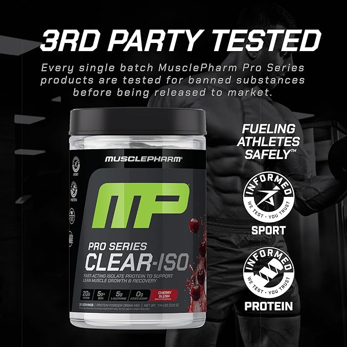MusclePharm Pro Series Clear-ISO, Clear Protein Powder, 20g Fast-Acting Whey Isolate per Serving Plus BCAAs & L Glutamine | Pro-Grade Muscle Recovery & Growth | Cherry Slush, 1.14 lb, 20 Servings