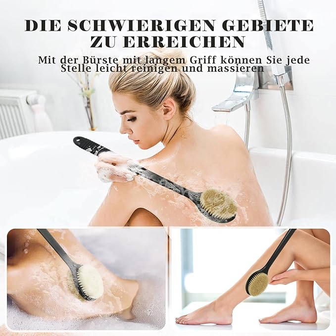 17 Inch Anti-Slip Long Handle Back Scrubber for Shower, Dual-Sided Shower Brush with Soft and Stiff Bristles, Shower Back Scrubber for Wet or Dry Brushing (Black)