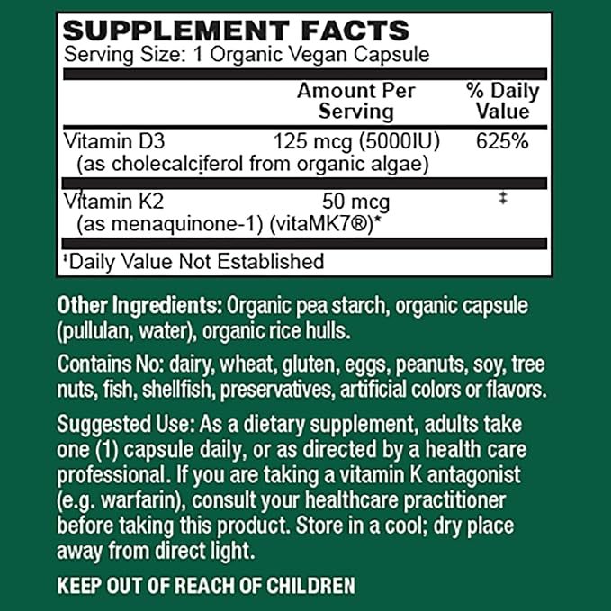 PlantFusion Organic Vegan Vitamin D3 + K2 5,000 IU, 50MCG – Vitamin D Sourced from Plant Based Lichen and Vitamin K2, for Immune Support and Bone Health - 120 Capsules