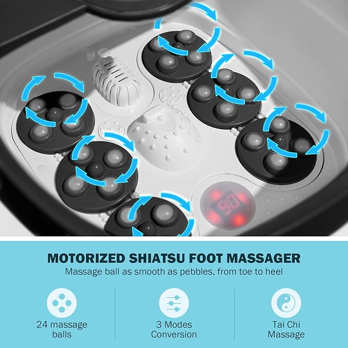 Collapsible Foot Spa Electric Foot Bath with Heat, Bubble, Remote, 24 Motorized Shiatsu Massage Balls. Pedicure Soaking tub for Feet Stress Relax (Black)