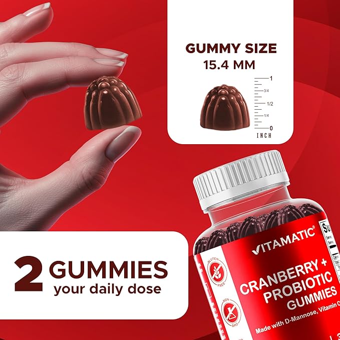 Vitamatic 2 Pack Vegan Cranberry Gummies with D-Mannose, Probiotic & Vitamin C for Women Urinary Tract Health - 25000mg Equivalent Per Serving (from 50:1 Extract 500 mg) - 60 Count