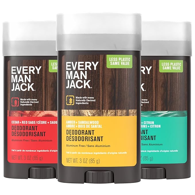 Every Man Jack Men's Deodorant Variety Set - Three Full-Sized Deodorant Sticks with Clean Ingredients & Incredible Scents - Cedar + Red Sage, Amber + Sandalwood, Sea Mineral + Citron - 3 oz (3 Pack)