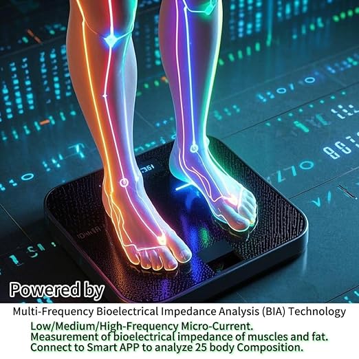 Digital Bathroom Scales with BMI, Body Fat and 25 Body Composition by Multi-Frequency Analysis, Accurate 0.1lb/0.05kg Auto-calibrated Scale for Body Weight, Clear LED/ITO Conductive Coating, 400 lbs
