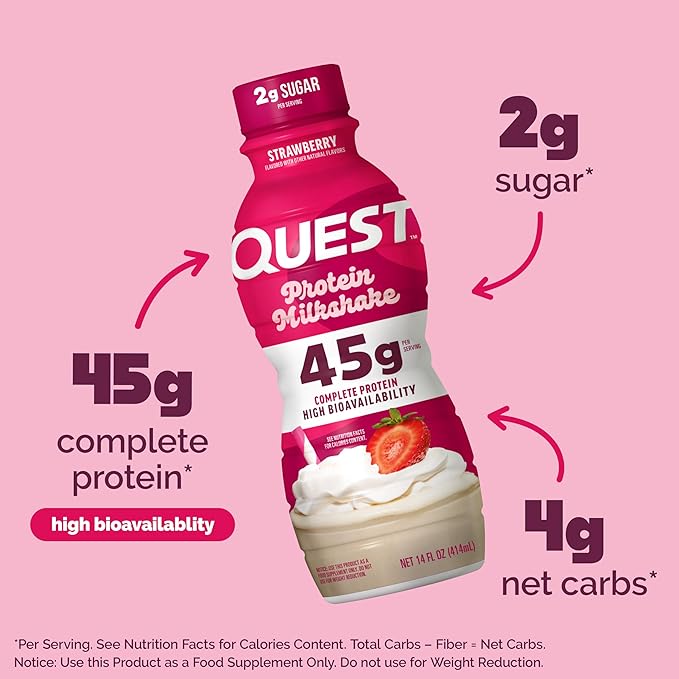 Quest Nutrition Strawberry Protein Shake, 45g Protein, 2g Sugar, 4g Net Carbs, Ready to Drink, Gluten Free, 12 Count