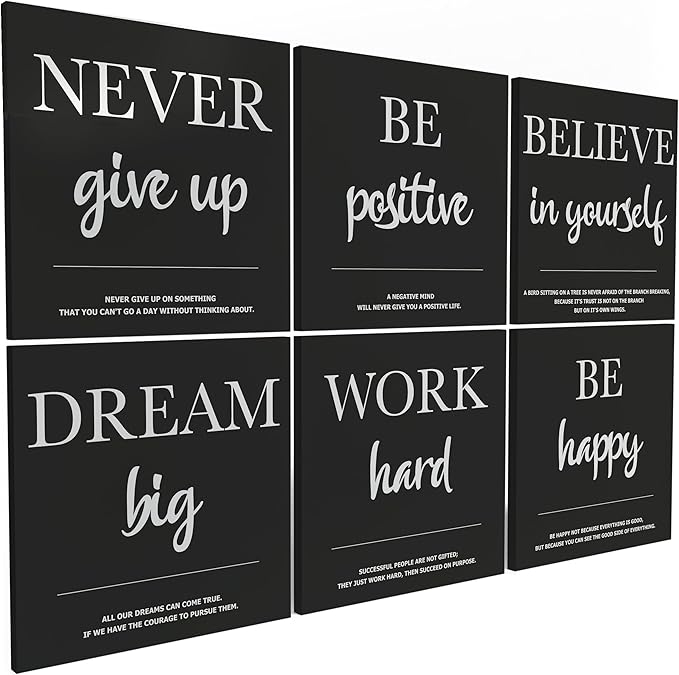 6X Motivational canvas, wall art for bedroom and office, inspirational black and white canvas poster, motivational poster set, decor bundle for home, wall pictures for living room (6x - 20 X 20 in)