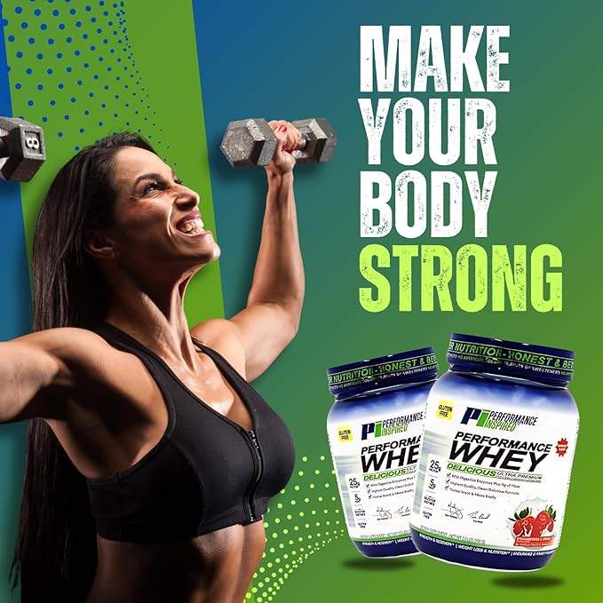 Performance Inspired Nutrition WHEY Protein Powder - All Natural - 25G - Contains BCAAs - Digestive Enzymes - Fiber Packed - Strawberries & Cream - 2lb