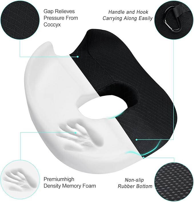 Donut Pillow Donut Cushion Chair Seat Cushion - The Memory Foam Firm Coccyx Pad You Need for Comfort During Long Sitting at Office Chairs, Gaming & Car Seats!(A-Black, Large)