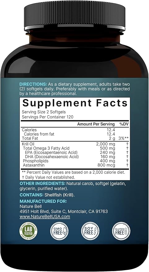 Antarctic Krill Oil 2000mg Supplement, 240 Softgels, 3X Strength Natural Source of Omega-3s, EPA 240mg + DHA 160mg + Astaxanthin 800mcg – No Fishy Aftertaste – Mercury Free & Non-GMO