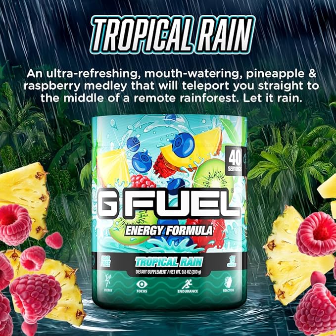 G Fuel Tropical Rain Energy Drink Powder, Pre Workout Caffeine Mix for Gaming, Sugar Free Focus Amino, Vitamin + Antioxidants, 9.8oz (Fruit Medley, 40 Servings)