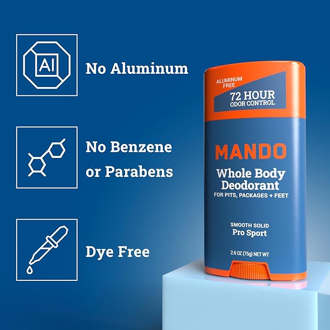 Mando Whole Body Deodorant For Men - Smooth Solid Stick - 72 Hour Odor Control - Aluminum Free, Baking Soda Free, Skin Safe - 2.6 ounce (Pack of 2) - Pro Sport