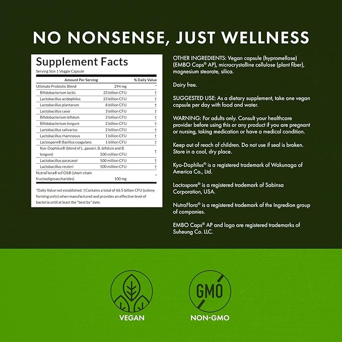 Swanson Ultimate Probiotic Formula Digestive Health Immune System Support 66 Billion CFU Prebiotic NutraFlora scFOS 30 DRcaps Veggie Capsules (Caps)