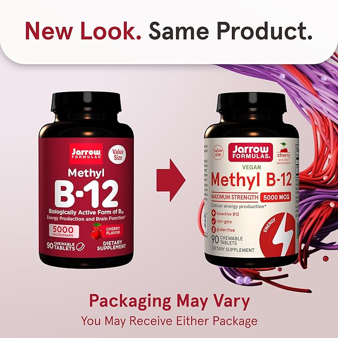 Jarrow Formulas Vitamin B12 5000 mcg - Maximum Strength for Cellular Energy and Brain Health, 90 Cherry Chewable Tablets, B12 Vitamins 5000 mcg