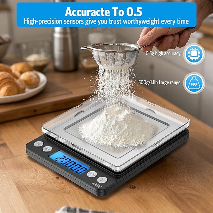 AMIR Digital Kitchen Scale, 500g/0.01g Mini Pocket Jewelry Scale, Cooking Food Scale with Backlit LCD Display, 2 Trays, 6 Units, Auto Off, Tare, PCS Function, Stainless Steel, Battery Included, Black
