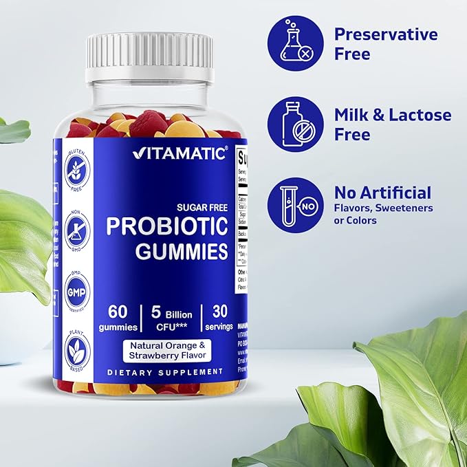 Vitamatic Sugar Free Probiotic Gummies for Men and Women – 5 Billion CFUs - 60Gummies per Bottle | 2 Pack (120 Gummies) Digestive, Immune & Gut Health Support – Gluten Free